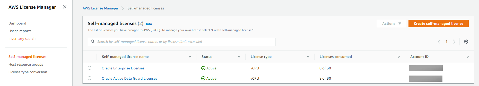 Oracle Active Data Guard & Oracle Enterprise Licenses in the self managed licenses list. They have status of Active. Both have 8 of 30 licenses consumed.