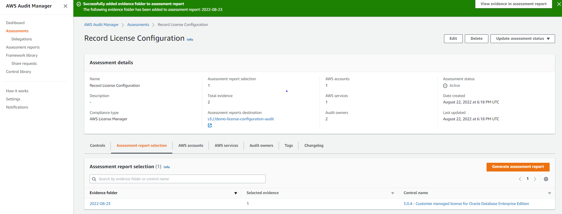 Figure shows assessment detals with Assessment report selection tab selected with the option of generating report