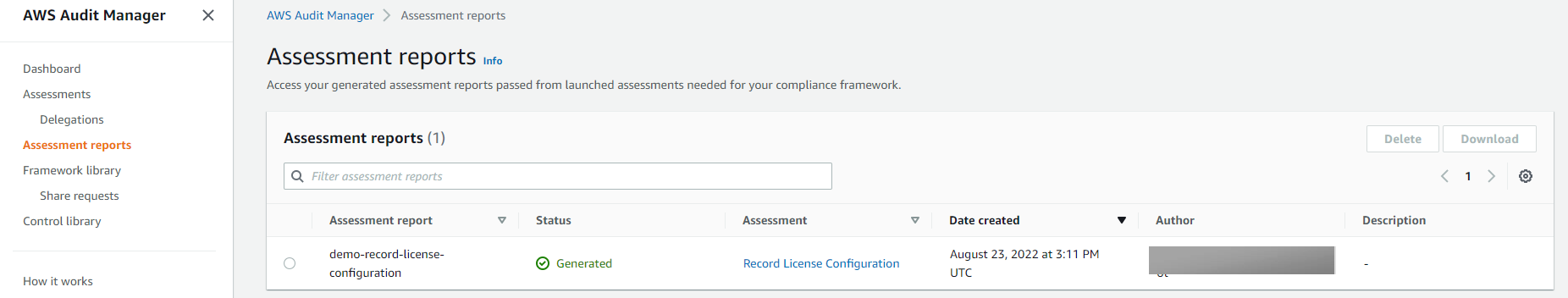 The demo-record-license-configuration is selected. It has a status of Generated.