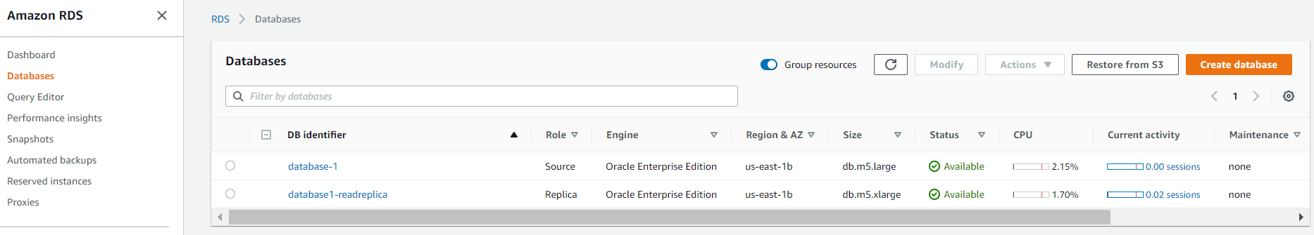 The Databases page displays a source database (database-1) and replica (database-1-readreplica).
