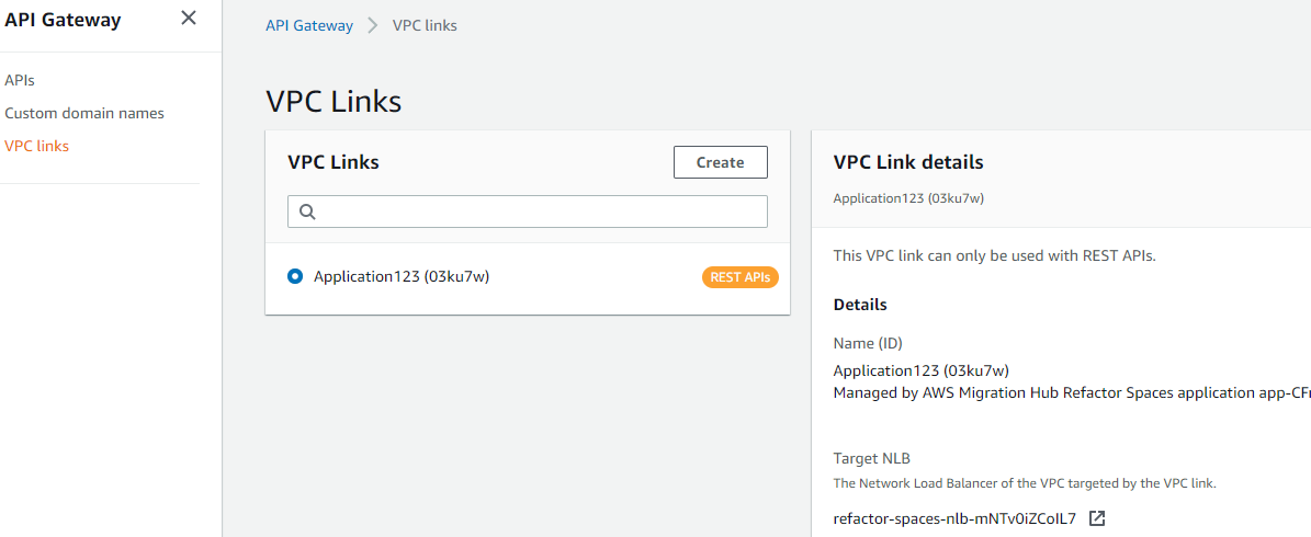 A VPC link provisioned by Refactor Spaces