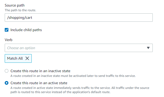 : The option to specify a path and verb/method when creating a route in Refactor Spaces.
