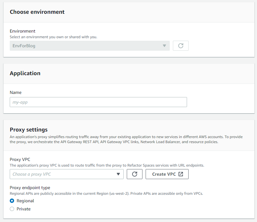 Creating an application in Refactor Spaces.