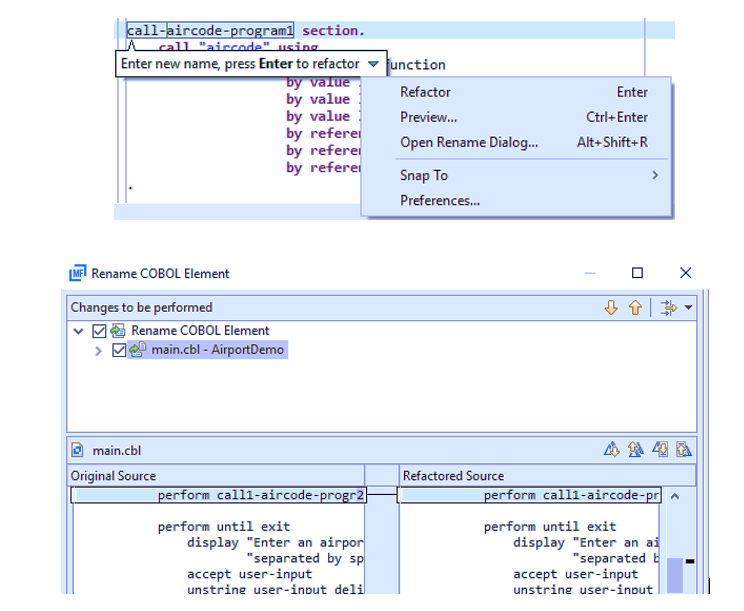 Variables can be renamed by clicking on variable name in Enterprise Developer IDE. Changes to variable names is applied to all files in the workspace.