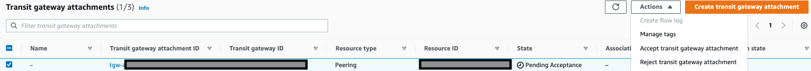 The Transit gateway attachments console, showing how to accept the peering connection from the second account.