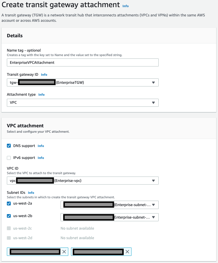 Screenshot creating the transit gateway attachments for the VPCs