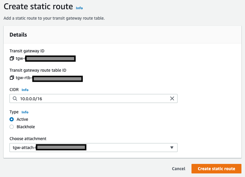 Creating the static route in the Transit Gateway route table