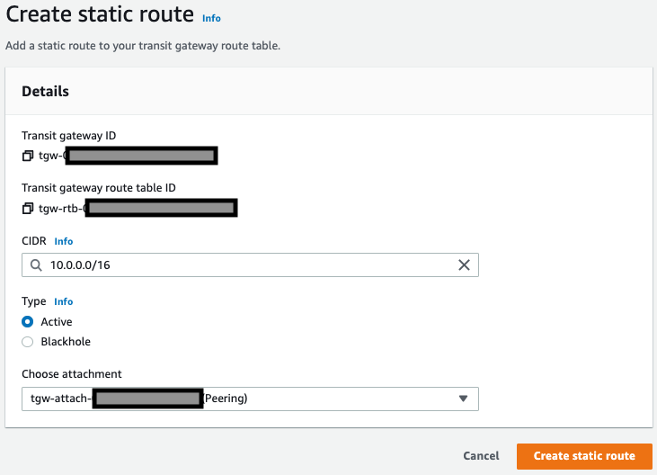 Adding the static routes to the transit gateway route table to direct traffic to the peering attachment.