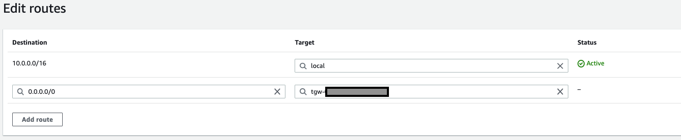 Add a default route to the Refactor Spaces Transit gateway for the monolith/microservices VPCs.