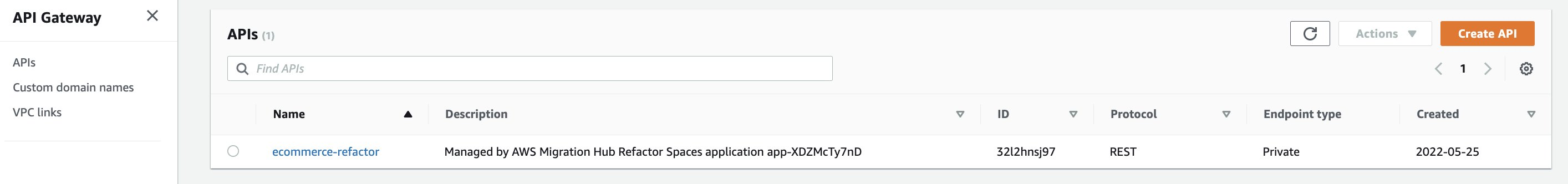 The API Gateway console showing the API deployed by Refactor Spaces