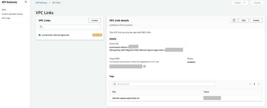 The VPC link for the API showing the target load balancer