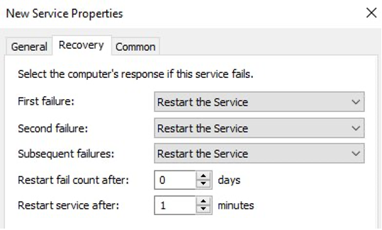 Next, select the Recovery Tab and select Restart the Service three times as shown in this screenshot: