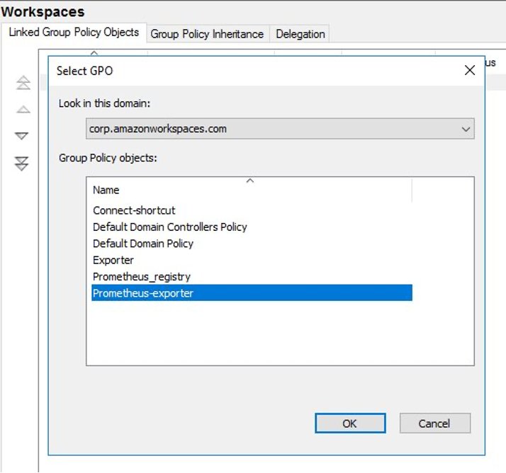 Next, select the Group Policy that you just created for linking to the WorkSpaces OU, and select OK.