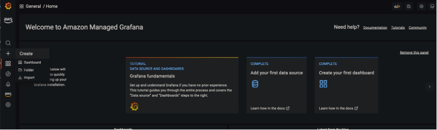 Let’s import a Grafana dashboard which lets us visualize metrics from the Windows 10 instances in WorkSpaces. Go to the plus sign on the left navigation bar, and select Import as shown in the following: