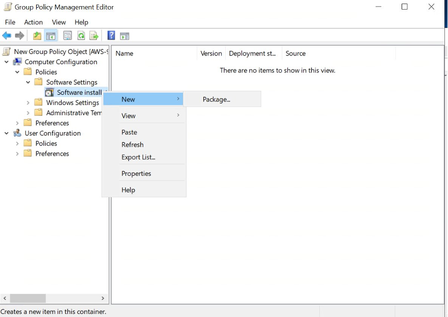 Navigate to Computer Configuration > Policies > Software Settings > and create a new software installation with a right-click, and then select New Package.