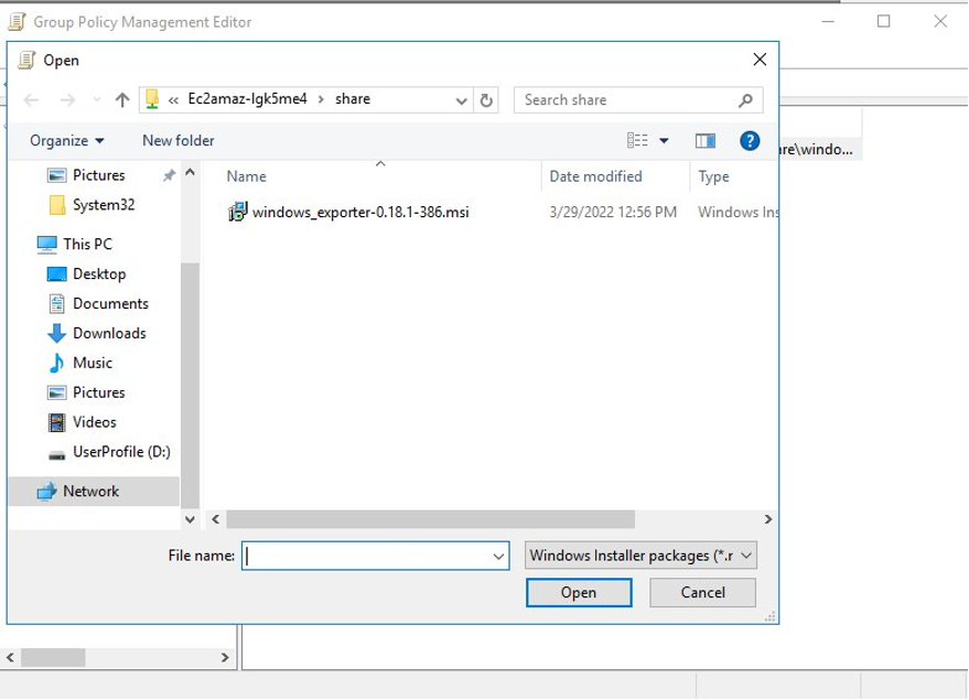 Create a Software Installation configuration using the share that is accessible for every Amazon WorkSpaces in the Active Directory Domain. Browse to the share created previously and select the Windows Exporter MSI file. Note that the drive path is a network format of \\servername\sharename and not a local drive path (such as C:).