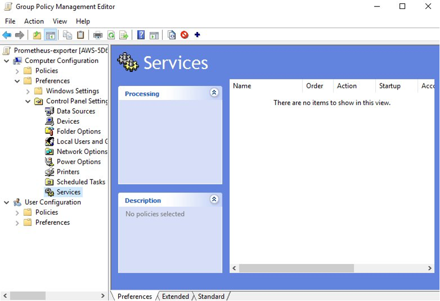 Create a Services action to set an automatic (delayed start) and apply a restart service action to the Prometheus Exporter agent. Navigate to Computer Configuration > Preferences > Control Panel Settings > Services as shown in the following screenshot: