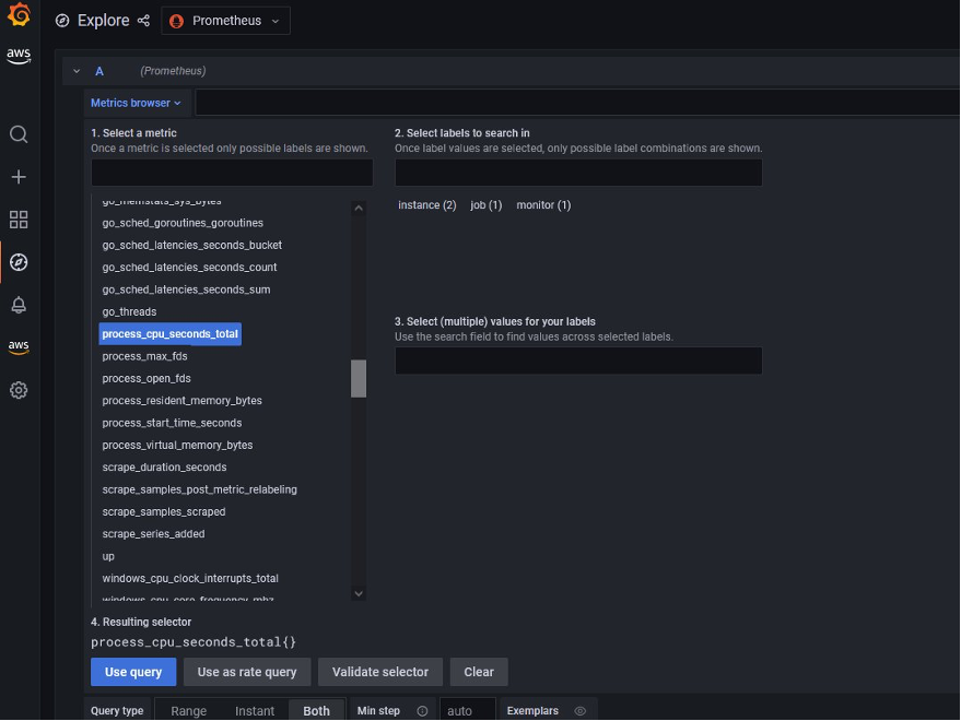 Choose Explore from the menu on the left in the Grafana Console and use the Metrics Browser to find process_cpu_seconds_total, and then select the blue box labeled Use Query at the bottom. Make sure that your Data Source is selected in the top drop-down box to the right of the Explore icon.
