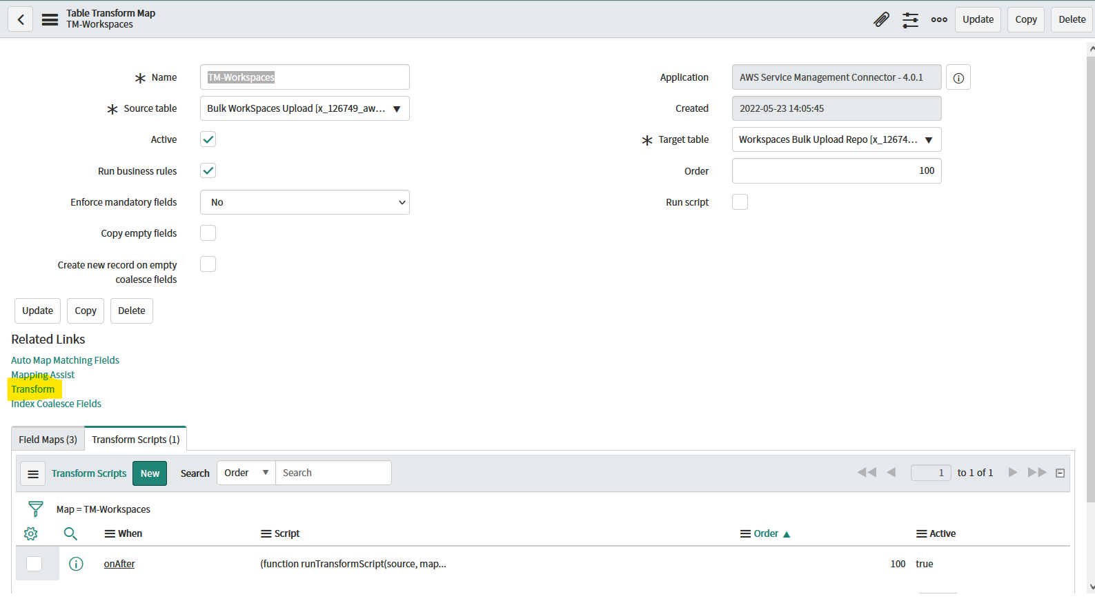 Transform Map with field mappings and transform scripts