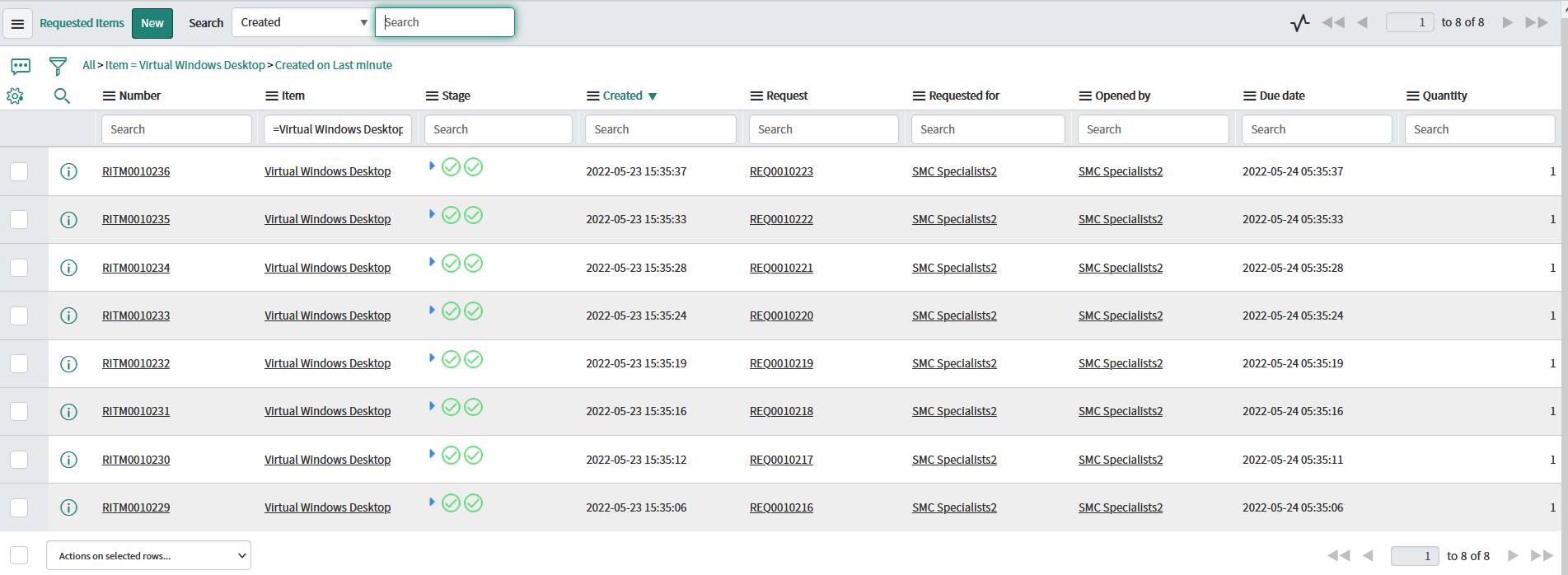 Requested Items List generated from bulk provisioning