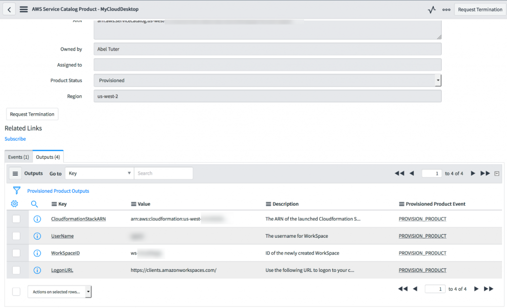 Provisioned Product Outputs for Workspace