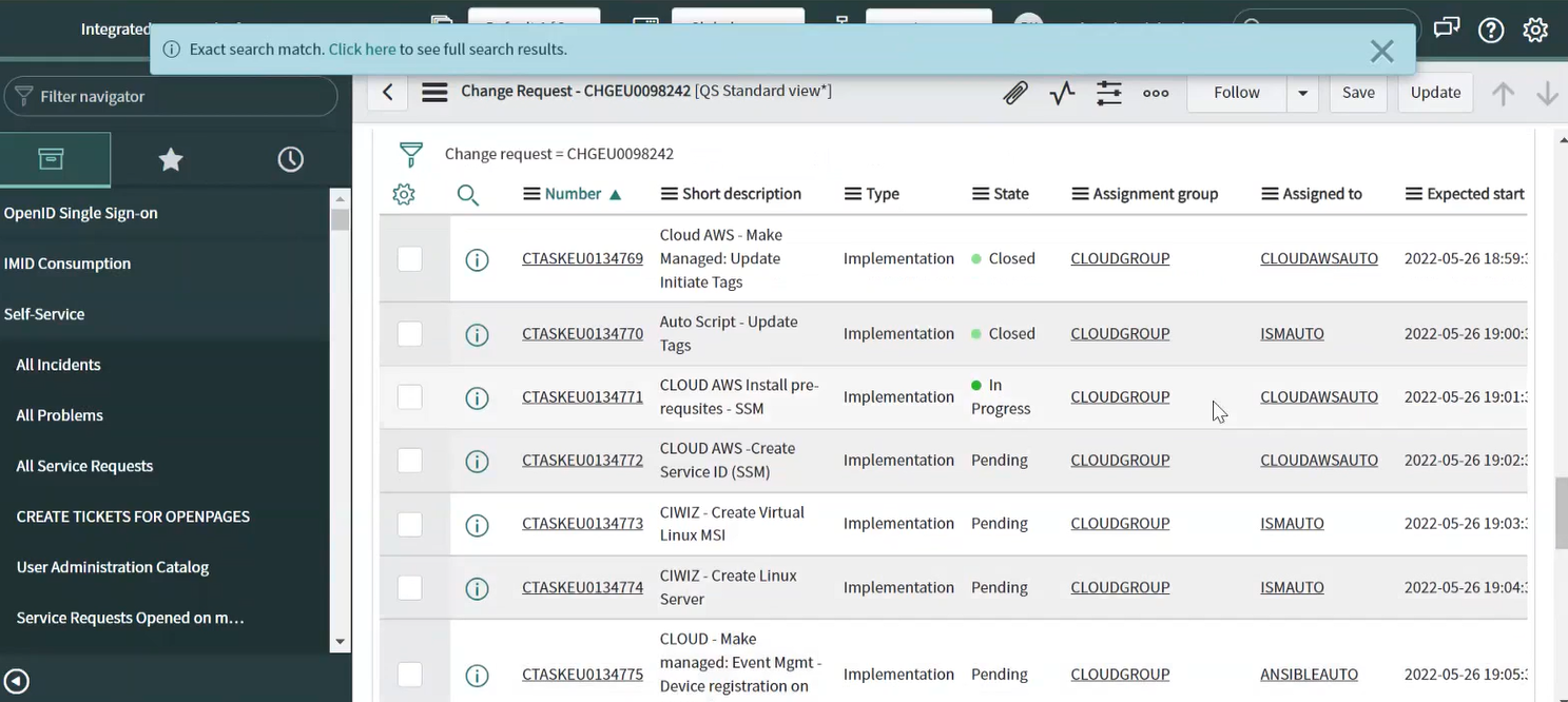 Change Request Tasks for Automation Execution