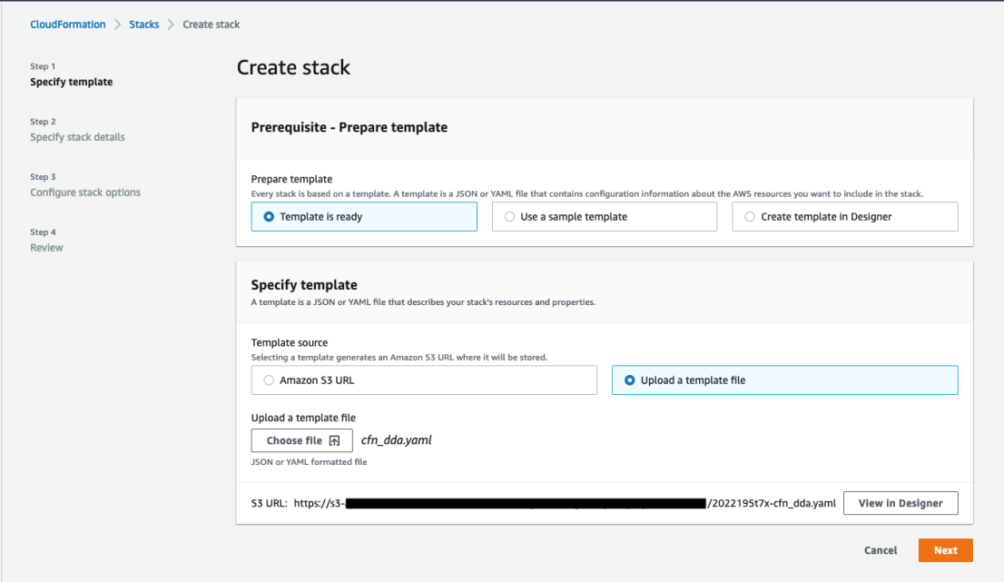 Create stack page in CloudFormation console with the uploaded CloudFormation template