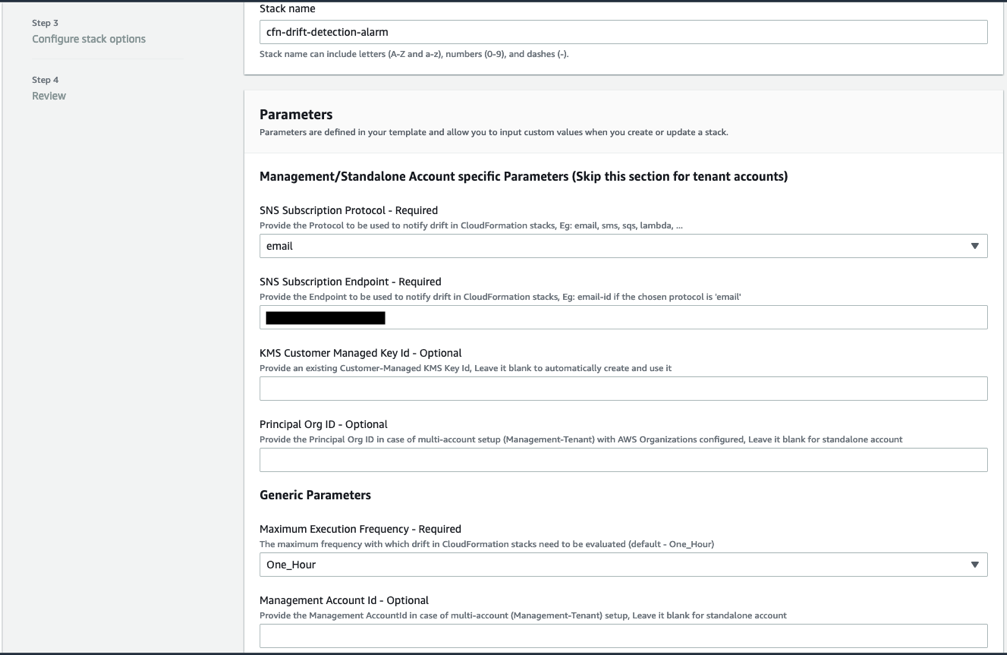Parameters section of the Specify stack details page with parameters used in this solution