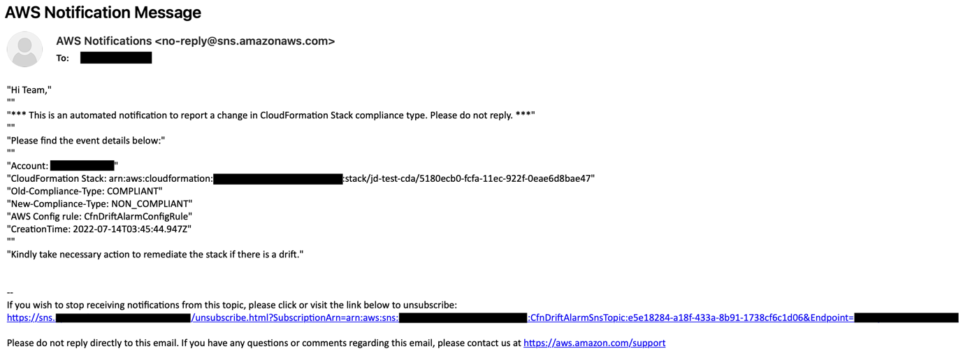 Email with drift details received as a result of drift in one of the CloudFormation stacks