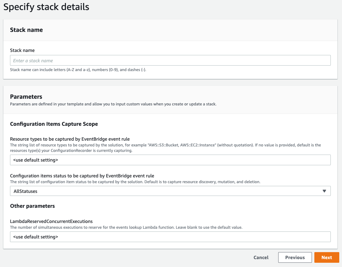 After uploading the template in the first step in CloudFormation stack creation process the second page provides you option to define input parameters for the template. 