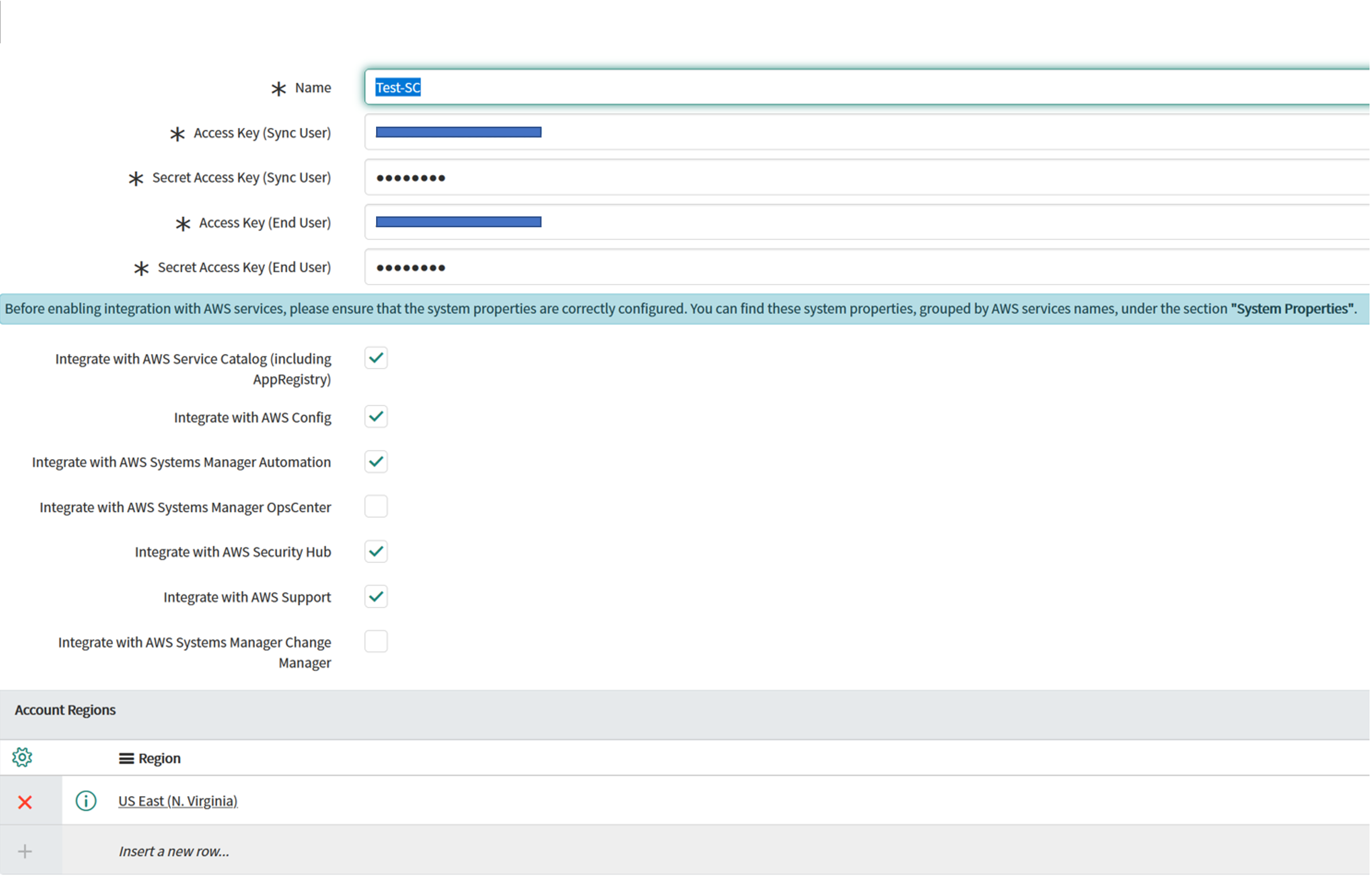 Configuring the AWS account for synchronization screen requires providing the access keys of the AWS users and selecting AWS services for integration 