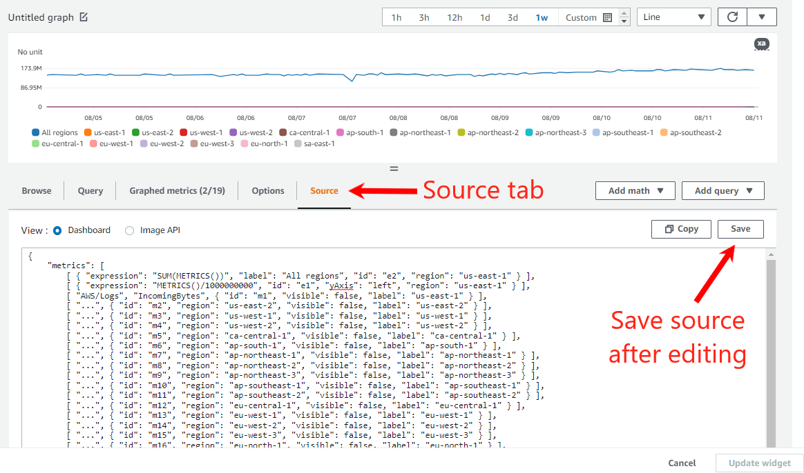 Screenshot of the console showing the metric source editor for a metric widget. Source changes must be saved after making and changes, and before updating the widget. 