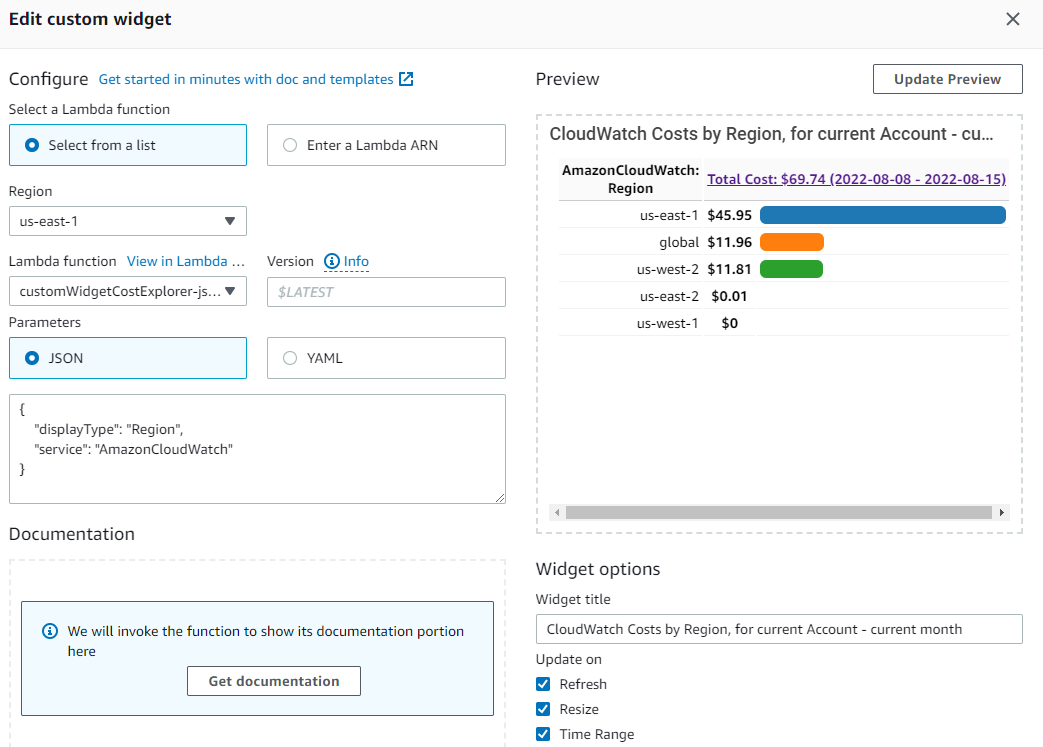 Screenshot of the configuration for a CloudWatch custom widget. The parameters which are to be sent into the Lambda function can be seen, and in this case they are displayType with a value of Region and service with a value of AmazonCloudWatch.]