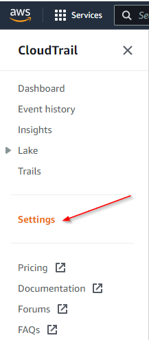 Figure 1: Click “settings” on the CloudTrail page