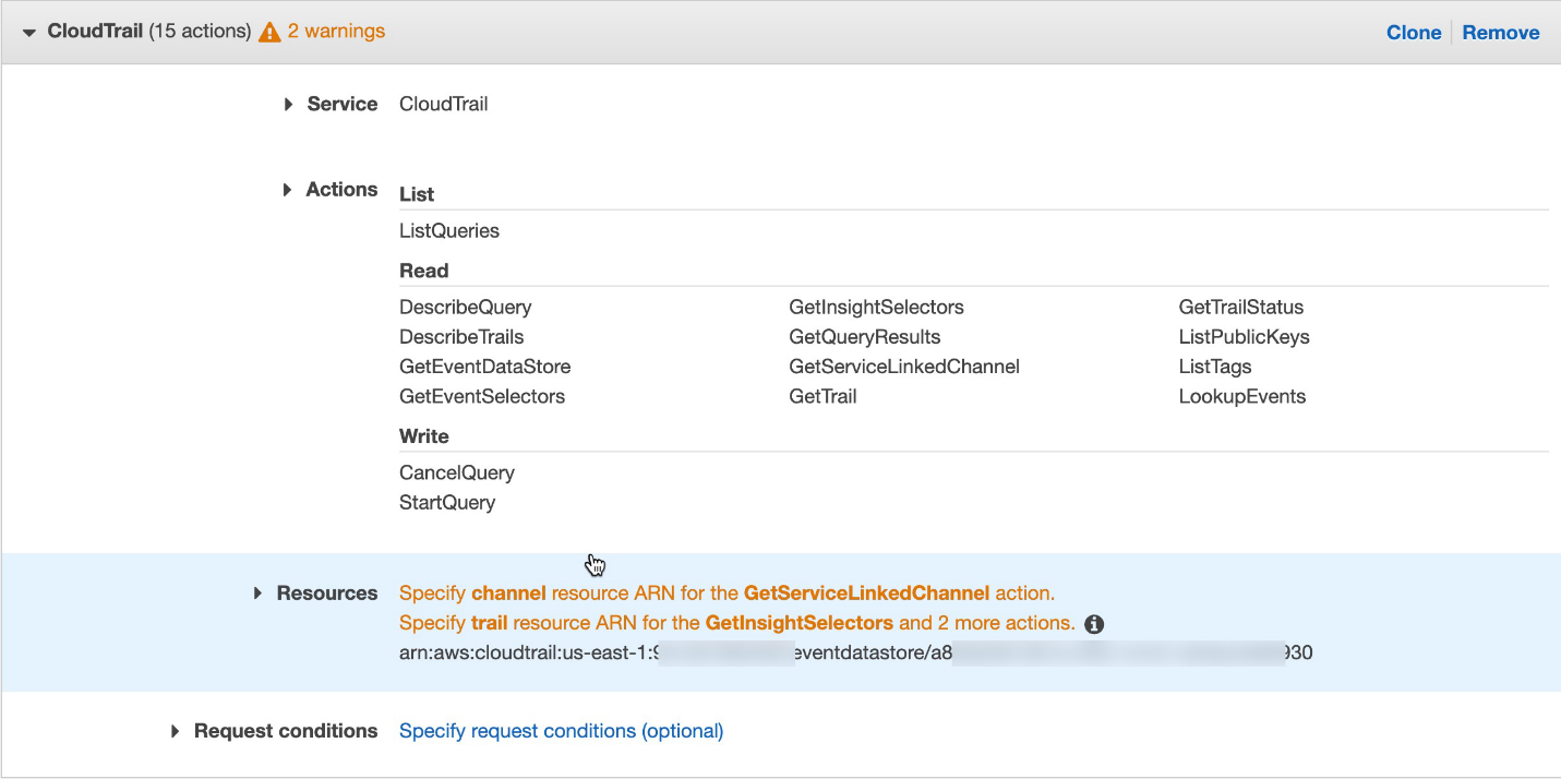 Figure 10: IAM policy with least privileges (add event data store ARN under Resources)