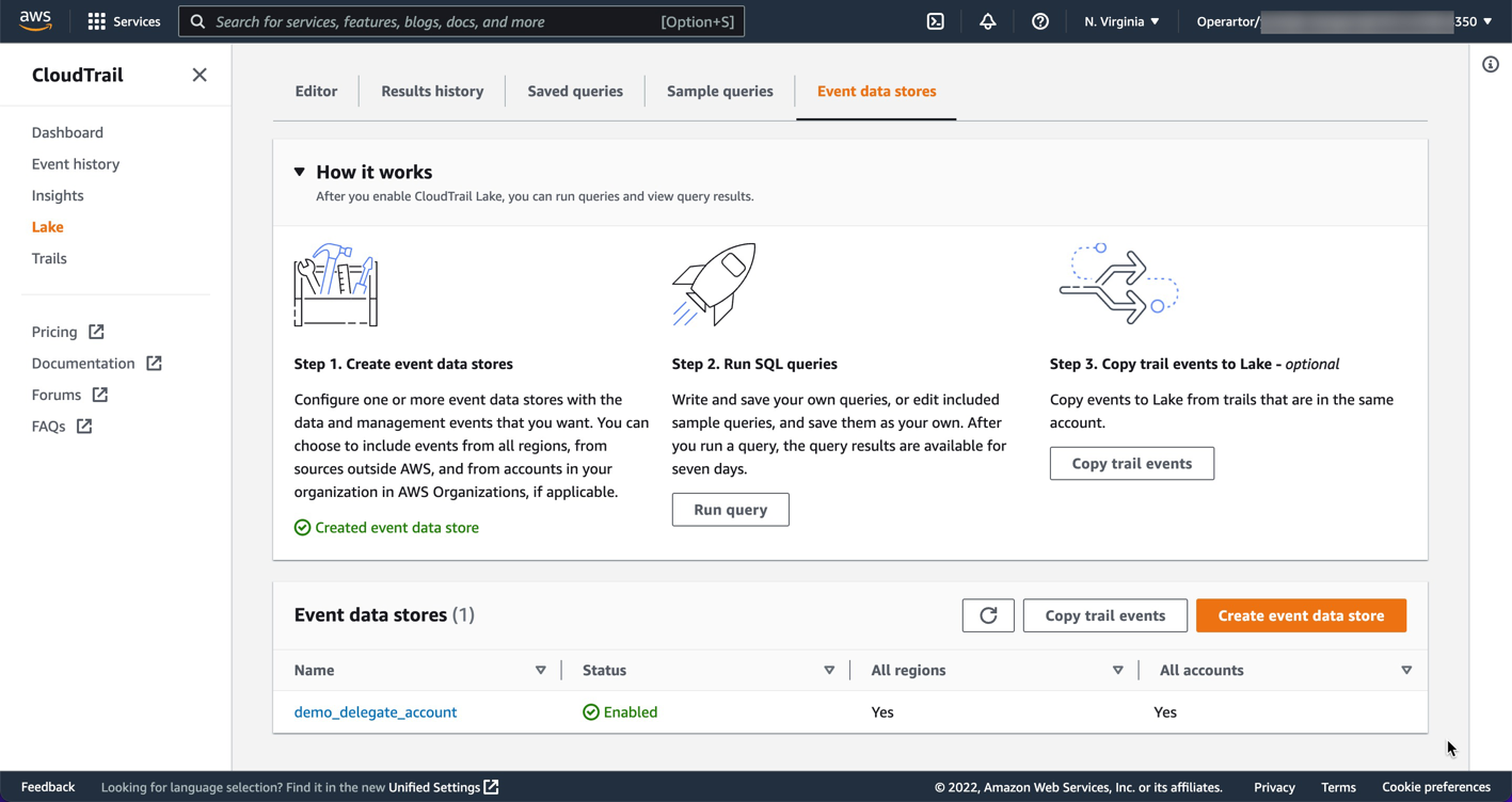 Figure 8: organization event data stores for delegated administrator account