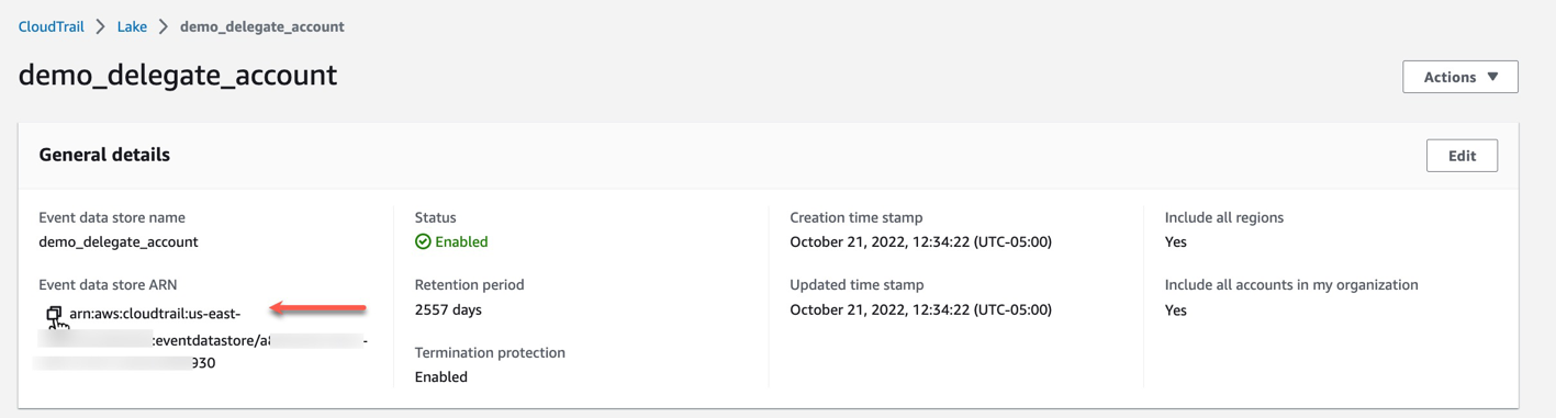 Figure 9: Copy event data store ARN
