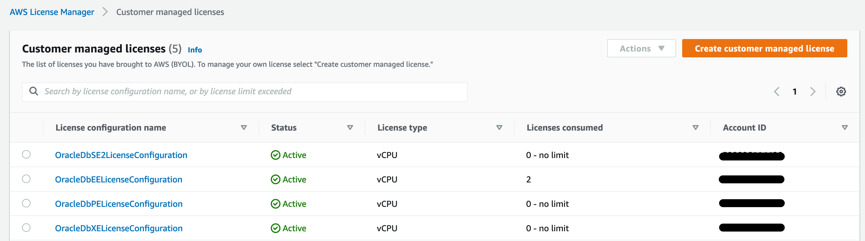 The customer managed licenses are displayed in a list organized by license configuration name, status, license type, licenses consumed, and account ID.] 