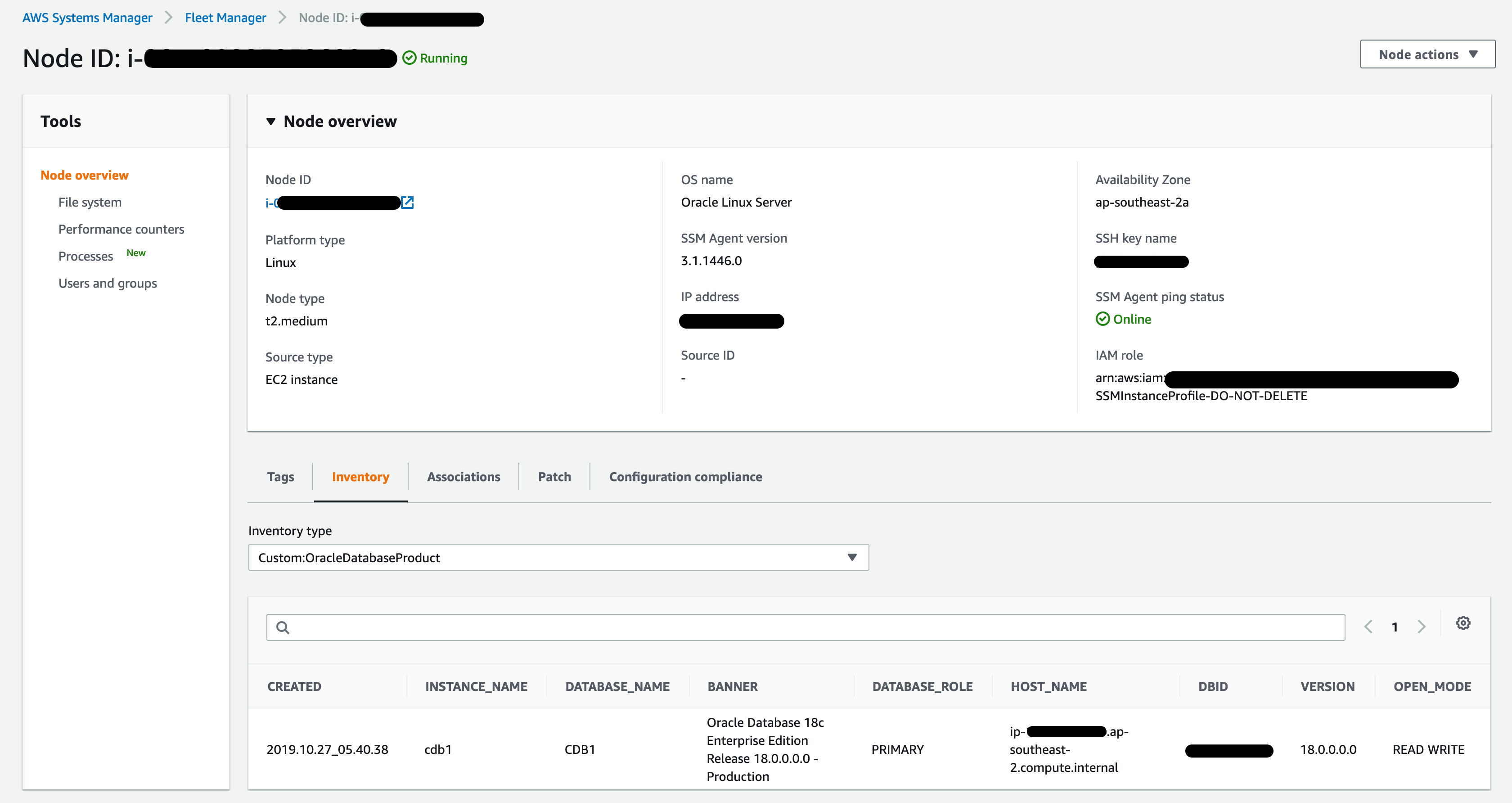 Oracle database edition details - created, instance name, database name, banner, database role, host name, DBID, version and open mode in Fleet Manager.