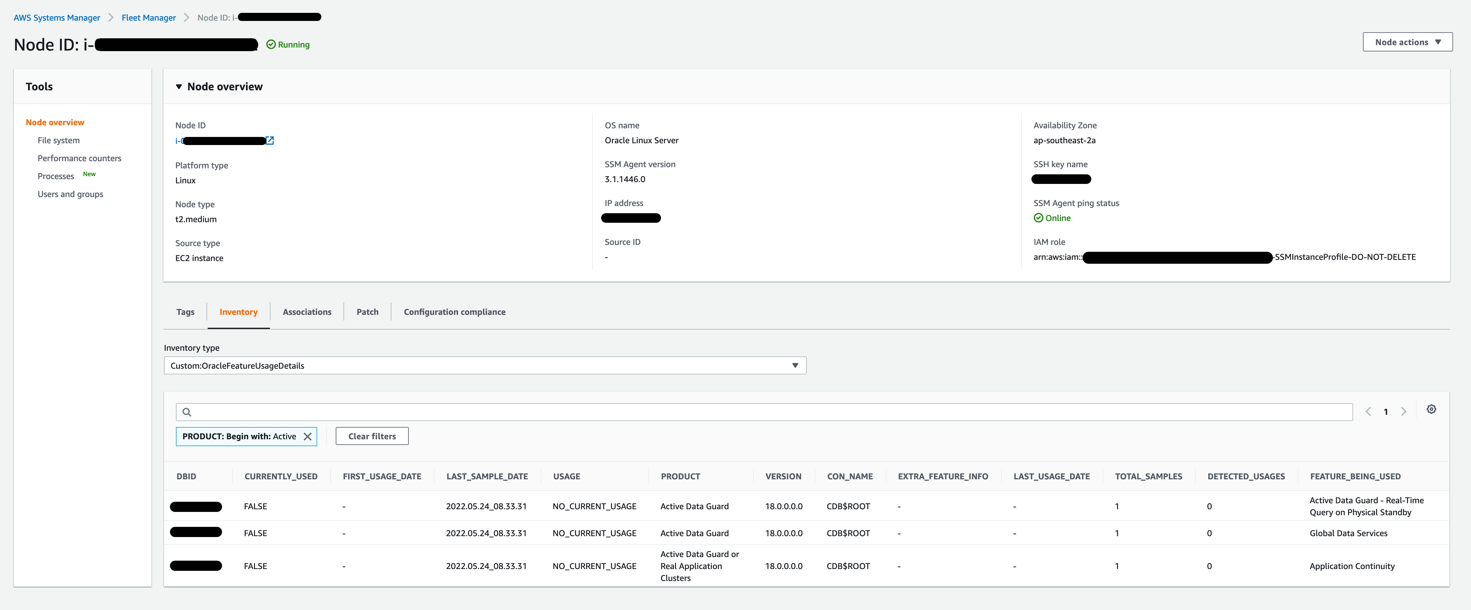 Figure 11: Oracle database feature/management packs usage details in Fleet Manager