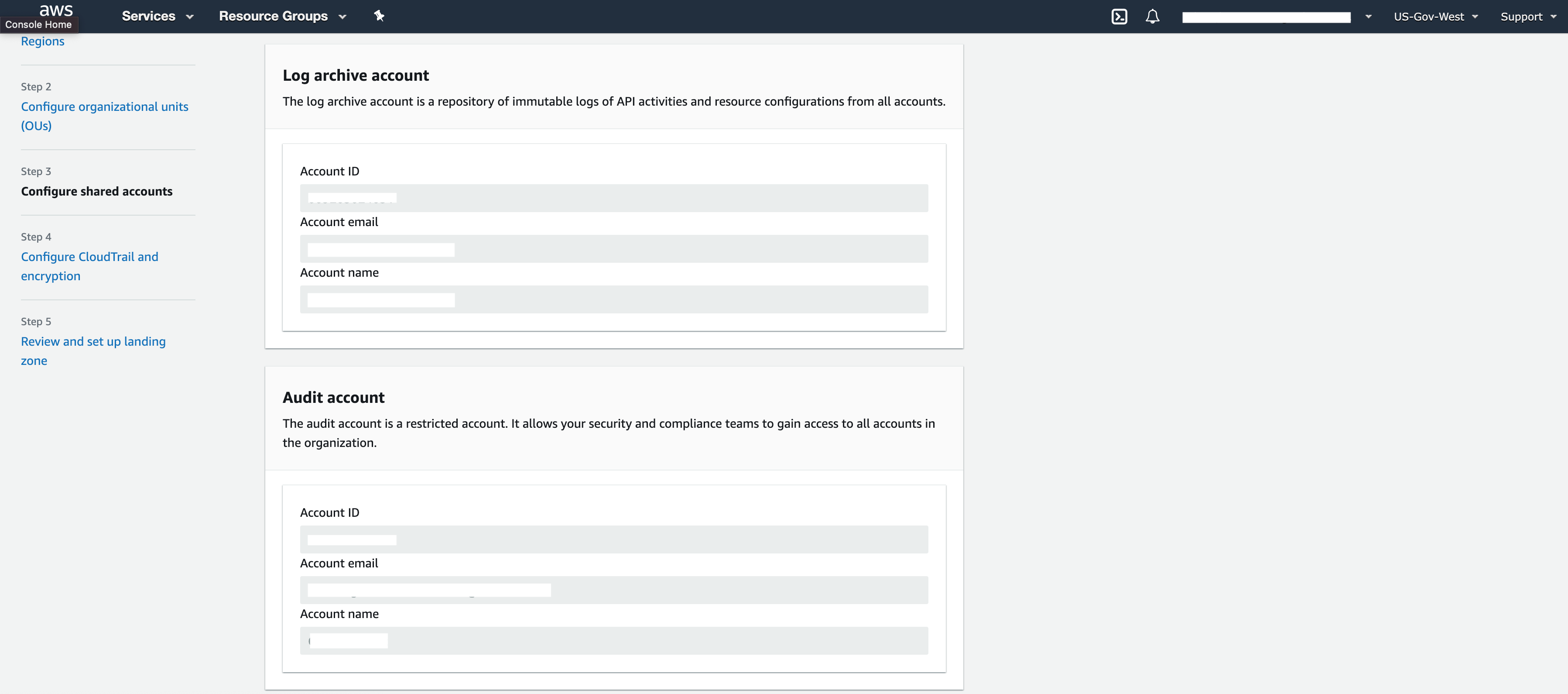 Digital form section with Account ID, Account email, and Account name details for the a Log archive account and an Audit account.]