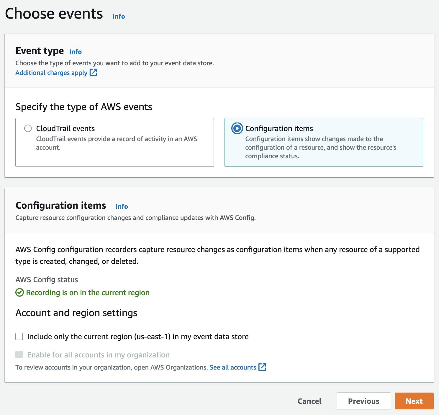 A ”specify event types” screen allowing the user to select between CloudTrail events or configuration items from AWS Config with Configuration Items radio box selected.]