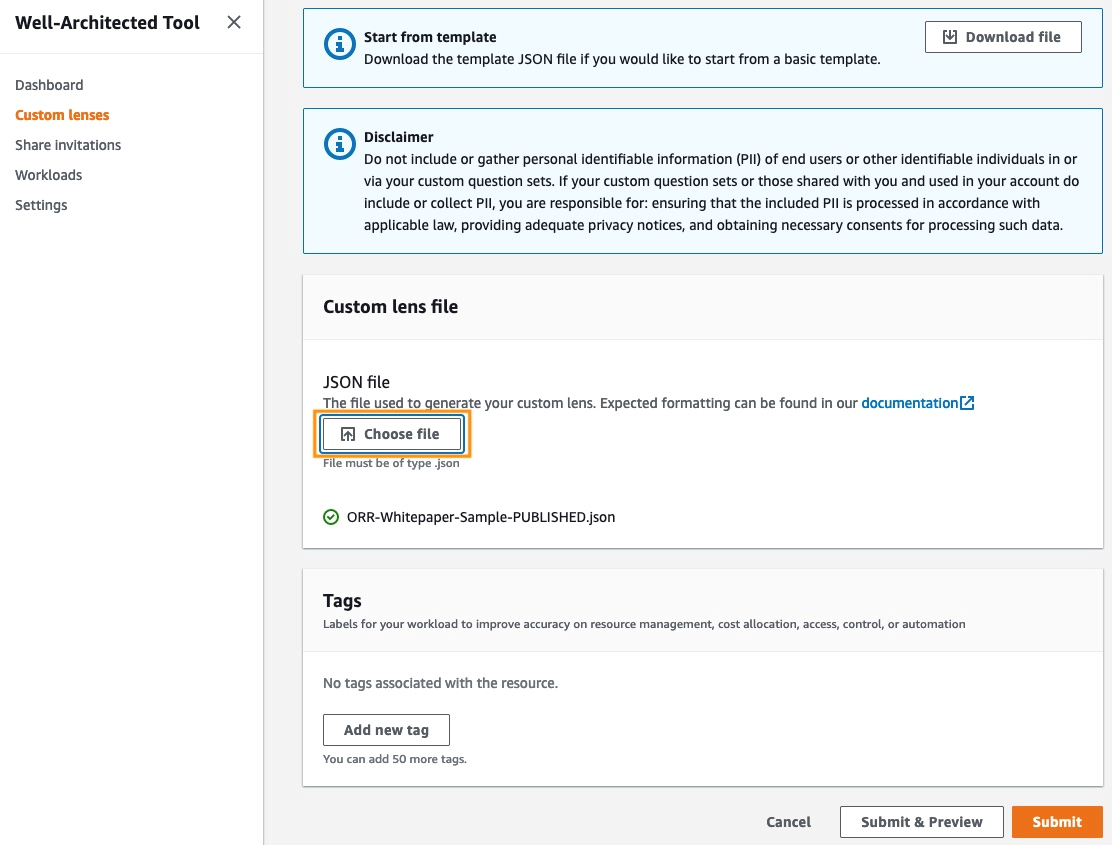 Upload your custom lens WA json template, and submit it.