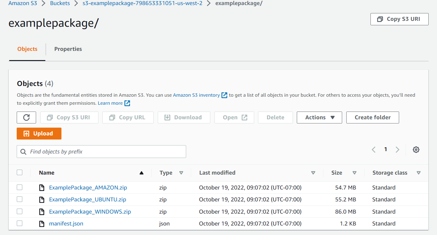 Figure illustrating our S3 bucket with uploaded custom package (ExamplePackage) that includes completed JSON manifest and three .zip files