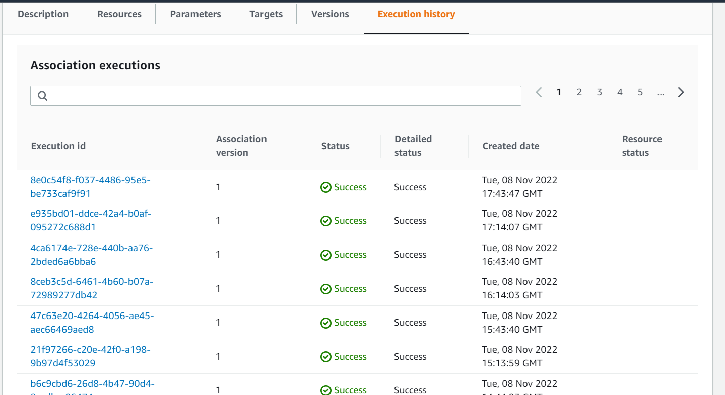 Figure illustrating execution history of our state manager association that installs our custom package using the AWS-ConfigureAWSPackage automation document