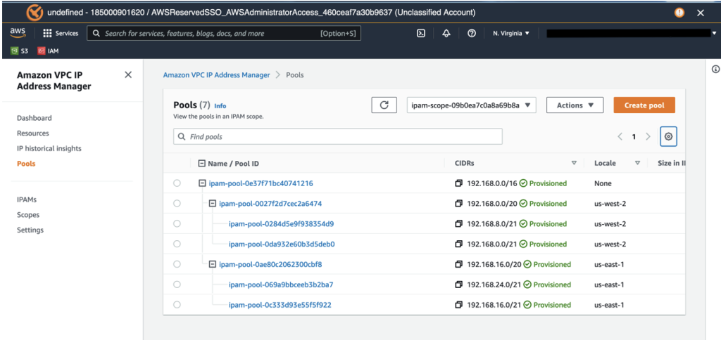 Figure 12. Verifying the pools created in the Networking Account after the CloudFormation deployment.