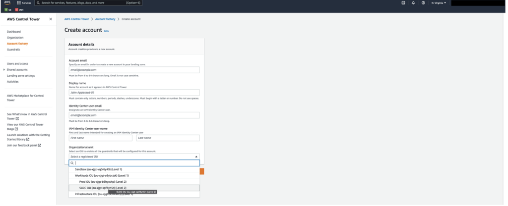 Figure 14. Creating new member Account using Control Tower Account Factory.