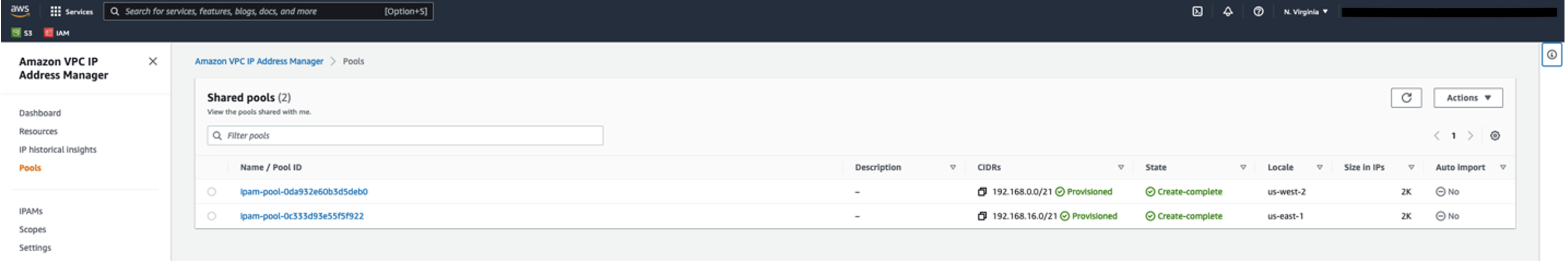 Figure 16. Verify the IPAM Pools shared with the new member Account in the Amazon VPC IP Address Manager.
