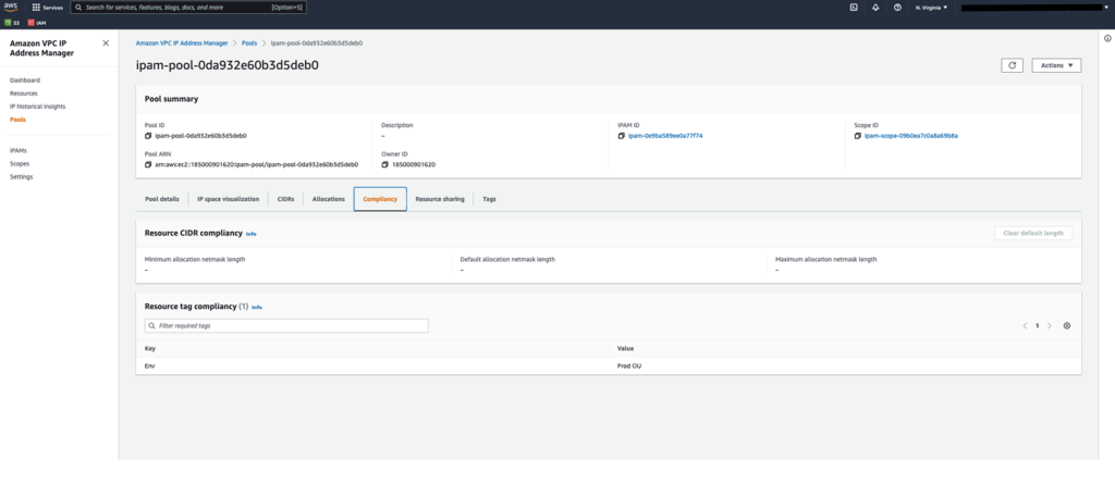 Figure 17. Verify the Allocation tag of each shared Environment Pool in IPAM Pools shared with the new member Account.