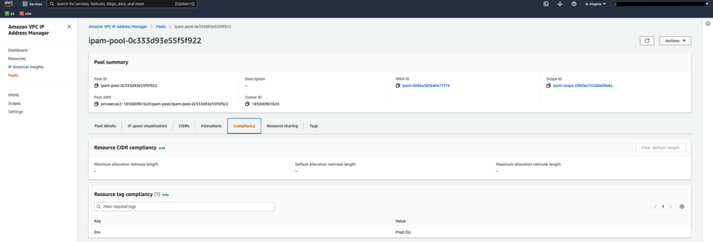 Figure 18. Verify the Allocation tag of each shared Environment Pool in IPAM Pools shared with the new member Account.